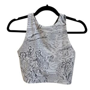 Athleta Crop Top Small Black White Floral Toile Racerback Sleeveless Activewear
